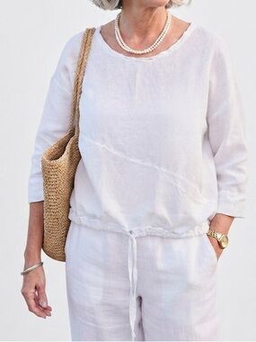 Luukaa 100% Linen Shirt Size 6 Loose Fit White Drawstring Hem